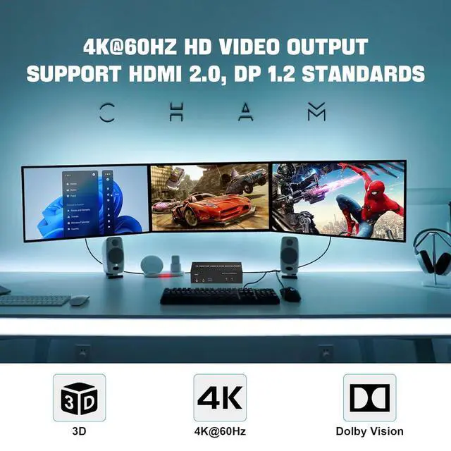Alt view image 4 of 7 - WRIARICH USB 3.0 HDMI + 2 DisplayPort KVM Switch 3 Monitors 2 Computers, 4K@60Hz Triple Monitor KVM Switch for 2 Computers 3 Monitors with 3 USB 3.0 Ports and Audio Microphone, Keyboard Mouse Switcher