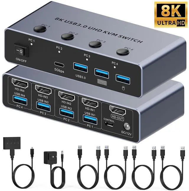 Main image of HDMI KVM Switch 4 Computers 1 Monitor, 8K@60Hz HDMI KVM Switcher Share Keyboard, Mouse for Office with 3 USB 3.0+1 USB-C Ports, EDID/HDCP Adaptive, 4 USB Cables and Desktop Controller Included