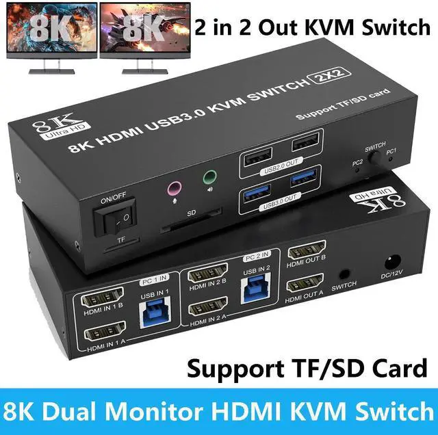 Main image of 8K Dual Monitor HDMI KVM Switch 2 Monitors 2 Computers, 8K@60Hz 4K@120Hz 2 in 2 Out HDMI KVM Switcher for 2 PCs Share 2 Monitor, 4 USB Devices, Audio Microphone and SD TF Card, Wired Controller