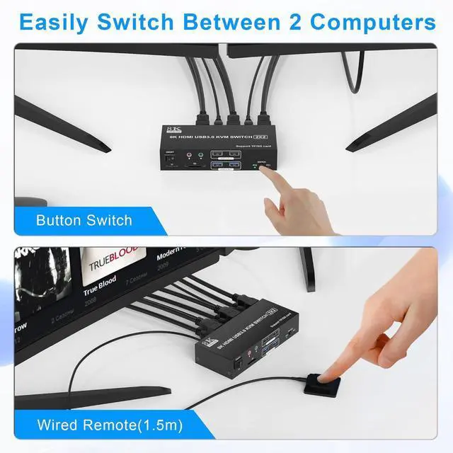 Alt view image 7 of 7 - 8K Dual Monitor HDMI KVM Switch 2 Monitors 2 Computers, 8K@60Hz 4K@120Hz 2 in 2 Out HDMI KVM Switcher for 2 PCs Share 2 Monitor, 4 USB Devices, Audio Microphone and SD TF Card, Wired Controller