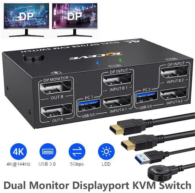 Main image of WRIARICH 2 Ports Displayport KVM Switch 2 Monitors 2 Computers, USB 3.0 DP Dual Monitor KVM Switch 2 in 2 Out for 2 Computer Share 2 Monitors and 4 USB 3.0 Devices, 4K@144Hz, with Wired Remote