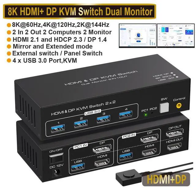 Main image of Dual Monitor DP + HDMI KVM Switch, 2 Port DisplayPort and HDMI 8K@60HZ 4K@120Hz KVM Switcher for 2 Computers 2 Monitors with 4 Ports USB 3.0, Support Copy and Extended Display and Desktop Control