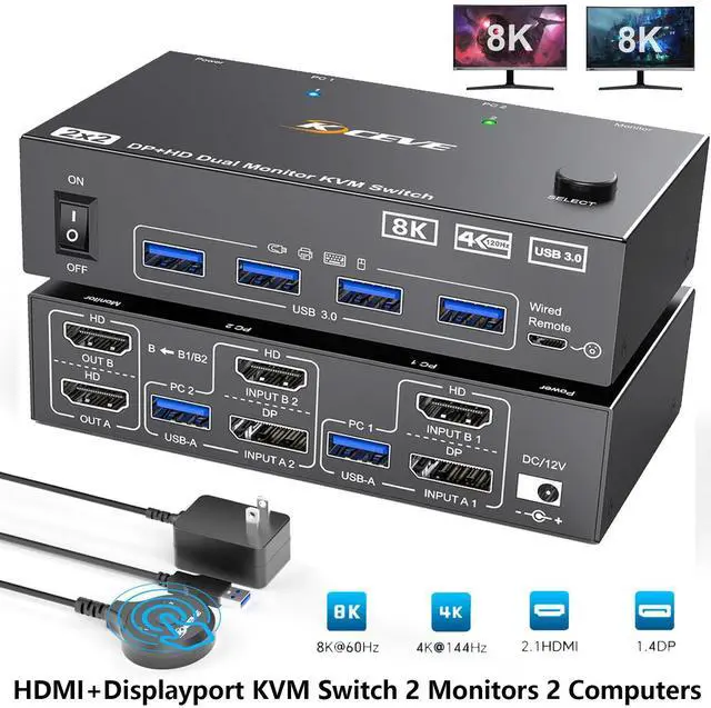 Main image of KVM Switch 2 Monitors 2 Computers 8K@60Hz/4K@144Hz, Dual Monitor HDMI+Displayport KVM Switches for 2 PC Sharing 2 Monitors & Keyboard Mouse with Power Adapter, Wired Controller & USB3.0 Cables