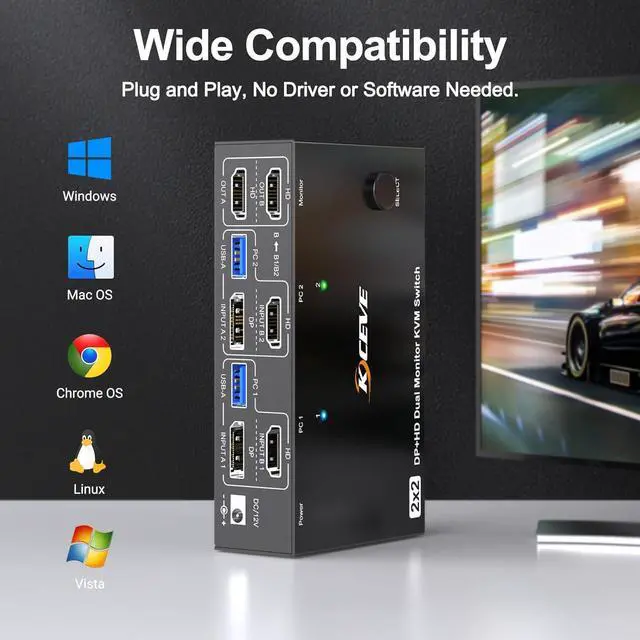Alt view image 7 of 7 - KVM Switch 2 Monitors 2 Computers 8K@60Hz/4K@144Hz, Dual Monitor HDMI+Displayport KVM Switches for 2 PC Sharing 2 Monitors & Keyboard Mouse with Power Adapter, Wired Controller & USB3.0 Cables