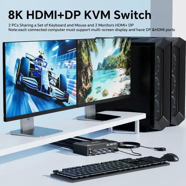 Alt view image 5 of 7 - KVM Switch 2 Monitors 2 Computers 8K@60Hz/4K@144Hz, Dual Monitor HDMI+Displayport KVM Switches for 2 PC Sharing 2 Monitors & Keyboard Mouse with Power Adapter, Wired Controller & USB3.0 Cables