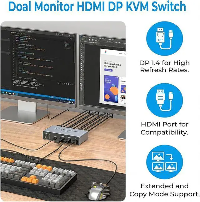 Alt view image 3 of 7 - WRIARICH HDMI 2.1 + Displayport KVM Switch, 2 Monitors 2 Computers, 8K@60Hz HD DP 2IN 2 Out USB 3.0 KVM Switcher 2 PC or Laptops Share 1 Set of Keyboard Mouse Printer Support Extended & Mirro Mode