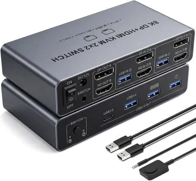 Main image of WRIARICH HDMI 2.1 + Displayport KVM Switch, 2 Monitors 2 Computers, 8K@60Hz HD DP 2IN 2 Out USB 3.0 KVM Switcher 2 PC or Laptops Share 1 Set of Keyboard Mouse Printer Support Extended & Mirro Mode