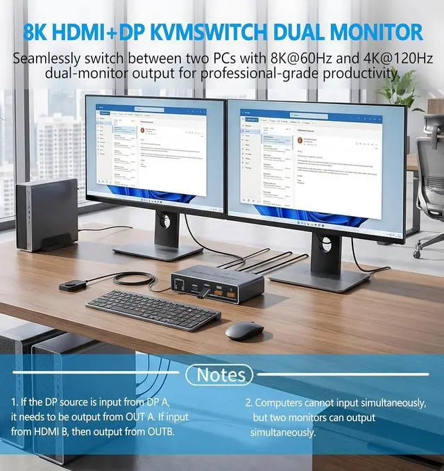 Alt view image 2 of 7 - WRIARICH HDMI 2.1 + Displayport KVM Switch, 2 Monitors 2 Computers, 8K@60Hz HD DP 2IN 2 Out USB 3.0 KVM Switcher 2 PC or Laptops Share 1 Set of Keyboard Mouse Printer Support Extended & Mirro Mode