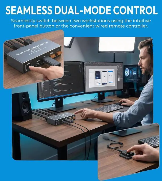Alt view image 7 of 7 - WRIARICH HDMI 2.1 + Displayport KVM Switch, 2 Monitors 2 Computers, 8K@60Hz HD DP 2IN 2 Out USB 3.0 KVM Switcher 2 PC or Laptops Share 1 Set of Keyboard Mouse Printer Support Extended & Mirro Mode