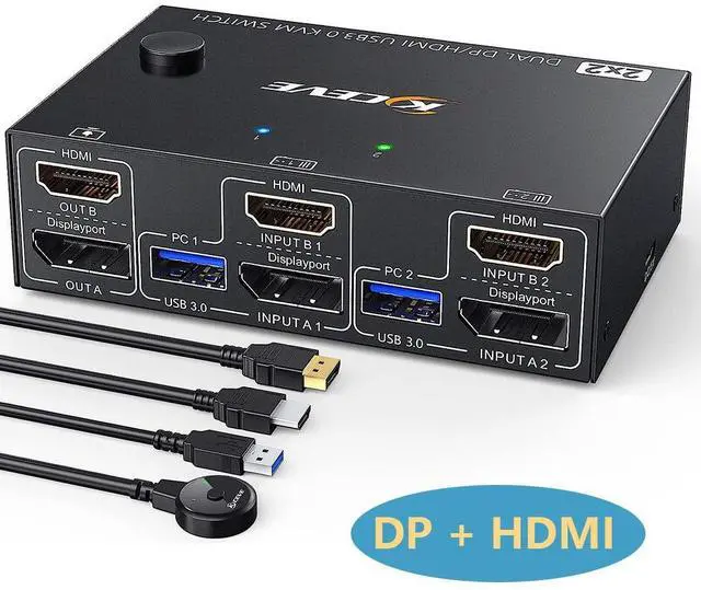Main image of Dual Monitor KVM Switch HDMI+Displayport 2 in 2 Out 4K@60Hz, 2K@120Hz, USB 3.0 2 Port DP + HDMI KVM Switch for 2 Computer Share 2 Monitors and 4 USB 3.0 Devices, Wired Remote and 4 Cables Included