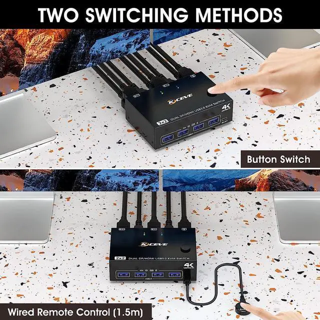 Alt view image 5 of 7 - Dual Monitor KVM Switch HDMI+Displayport 2 in 2 Out 4K@60Hz, 2K@120Hz, USB 3.0 2 Port DP + HDMI KVM Switch for 2 Computer Share 2 Monitors and 4 USB 3.0 Devices, Wired Remote and 4 Cables Included