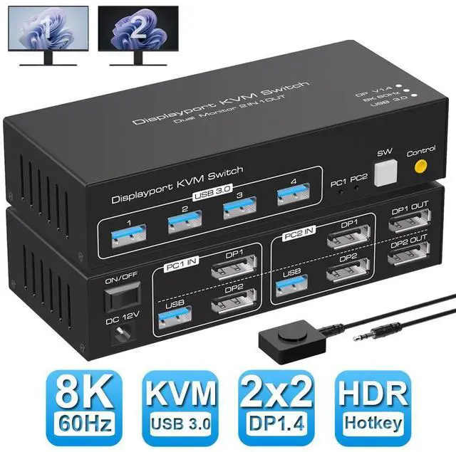 Main image of WRIARICH 8K@60Hz 2 Port Dual Monitor Displayport KVM Switch, USB 3.0 DP 1.4 KVM switches for 2 Computers Share 2 monitors and 4 USB Devices Support 4K@120Hz DP 1.4 with External kit and Power adapter