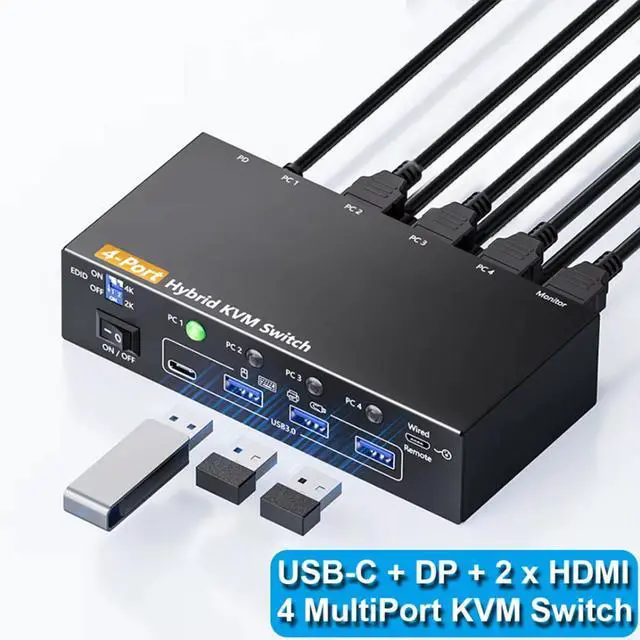 Main image of WRIARICH KVM Switch 1 Monitors 4 Computers USB-C HDMI DP, EDID Emulator USB 3.0 HDMI KVM Switch 4 Port 4K@60Hz for 4 Computer 1 HDMI Monitor Share Keyboard Mouse, with Power Adapter and Wired Remote