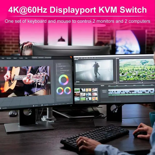 Alt view image 3 of 7 - WRIARICH Displayport KVM Switch 2 Monitors 2 Computers - 2 in 2 Out DP Chip 4K@60Hz Dual Monitor DP KVM Switch with Audio Jack, USB-C 3.0, 3 USB 3.0 Port Sharing Keyboard Mouse, Included Wired Remote