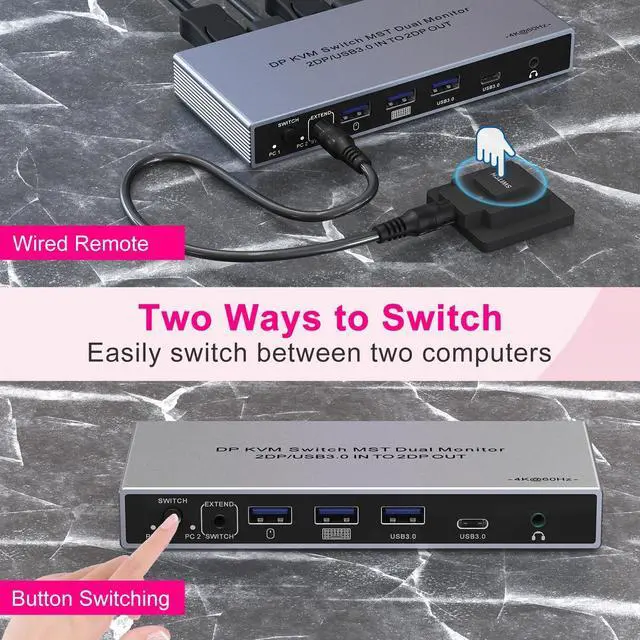 Alt view image 5 of 7 - WRIARICH Displayport KVM Switch 2 Monitors 2 Computers - 2 in 2 Out DP Chip 4K@60Hz Dual Monitor DP KVM Switch with Audio Jack, USB-C 3.0, 3 USB 3.0 Port Sharing Keyboard Mouse, Included Wired Remote
