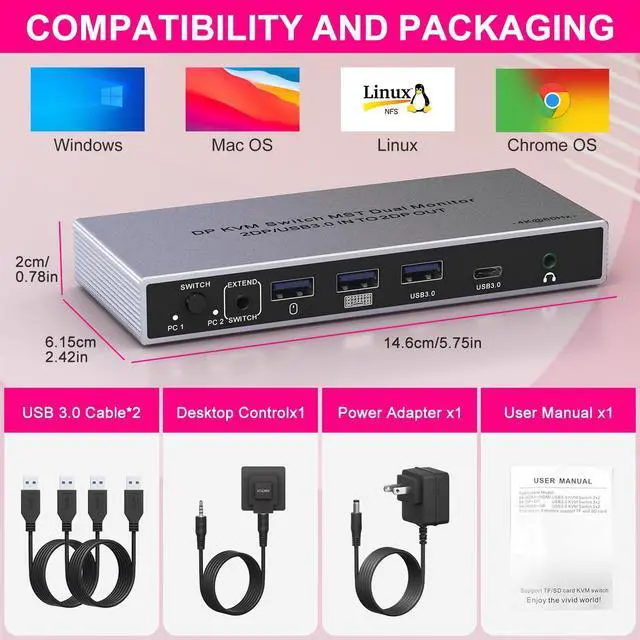 Alt view image 7 of 7 - WRIARICH Displayport KVM Switch 2 Monitors 2 Computers - 2 in 2 Out DP Chip 4K@60Hz Dual Monitor DP KVM Switch with Audio Jack, USB-C 3.0, 3 USB 3.0 Port Sharing Keyboard Mouse, Included Wired Remote
