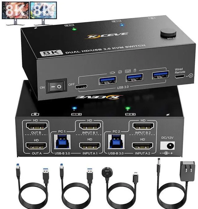 Main image of WRIARICH HDMI KVM Switch 2 Monitors 2 Computers Dual Monitor Support 8K@60Hz 4K@120Hz, Dual Monitor USB 3.0 KVM Switch HDMI 2 Port and 4 USB3.0 Devices,Wired Remote and 12V Power Adapter Included