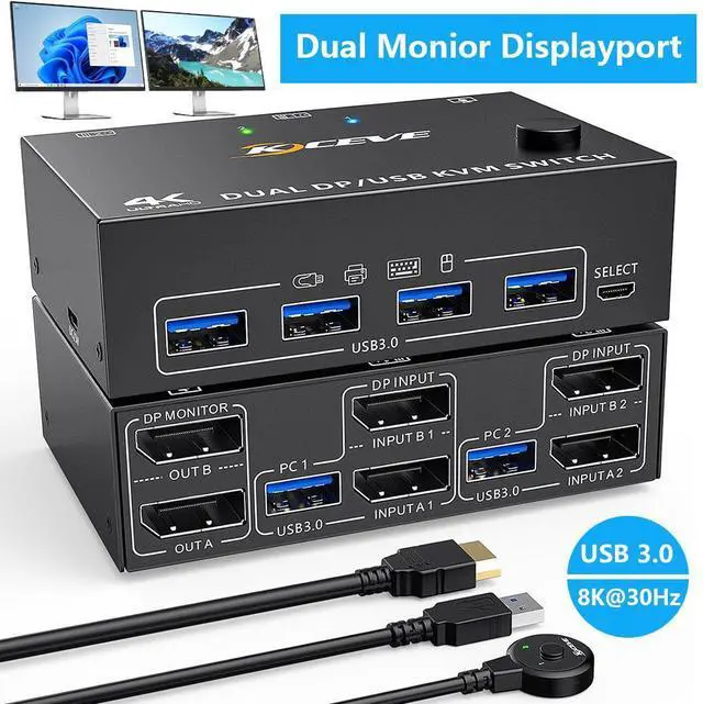 Main image of Dual Monitor KVM Switch, USB 3.0 Displayport KVM Switch 2 Monitors 2 Computers 8K@30Hz 4K@144Hz, Displayport KVM Switch with 4 USB 3.0 Ports for USB Devices,Wired Remote and USB Cables Included