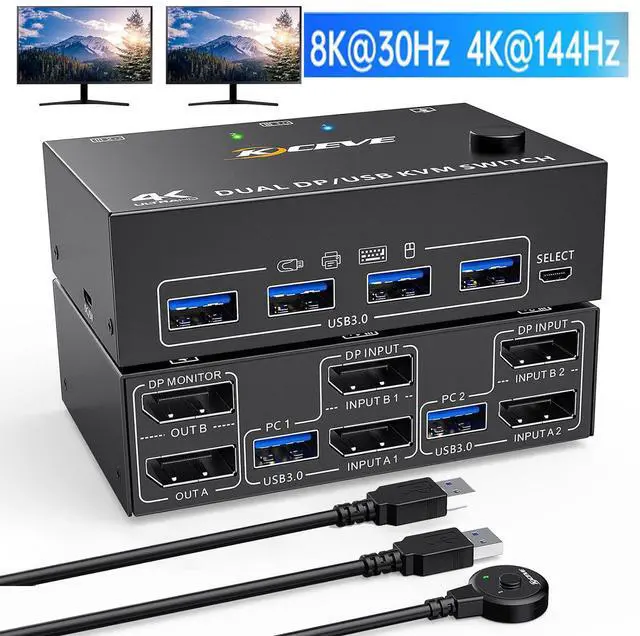 Main image of 8K@30Hz 2 Port DP KVM Switch 2 Monitors 2 Computers, 4K@144Hz Dual Monitor DisplayPort KVM Switch with 4 USB 3.0 Ports, Support Extended & Mirror Mode, with USB 3.0 Cable & Wired Remote Control
