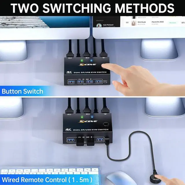 Alt view image 6 of 7 - 8K@30Hz 2 Port DP KVM Switch 2 Monitors 2 Computers, 4K@144Hz Dual Monitor DisplayPort KVM Switch with 4 USB 3.0 Ports, Support Extended & Mirror Mode, with USB 3.0 Cable & Wired Remote Control