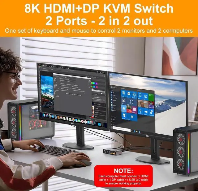 Alt view image 2 of 7 - 8K Dual Monitor KVM Switch, DisplayPort HDMI KVM Switch 2 Monitors 2 Computers, 4 USB 3.0 Ports, Aluminum DP HDMI KVM for 2 PCs Share 2 Screens, with 12V Power Adapter, Wired Remote, USB Cables