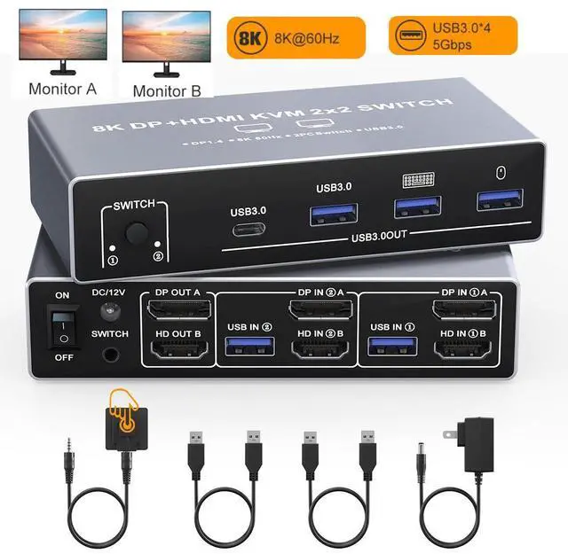 Main image of 8K Dual Monitor KVM Switch, DisplayPort HDMI KVM Switch 2 Monitors 2 Computers, 4 USB 3.0 Ports, Aluminum DP HDMI KVM for 2 PCs Share 2 Screens, with 12V Power Adapter, Wired Remote, USB Cables