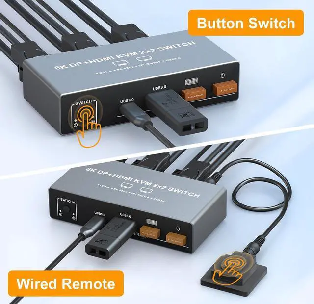 Alt view image 7 of 7 - 8K Dual Monitor KVM Switch, DisplayPort HDMI KVM Switch 2 Monitors 2 Computers, 4 USB 3.0 Ports, Aluminum DP HDMI KVM for 2 PCs Share 2 Screens, with 12V Power Adapter, Wired Remote, USB Cables
