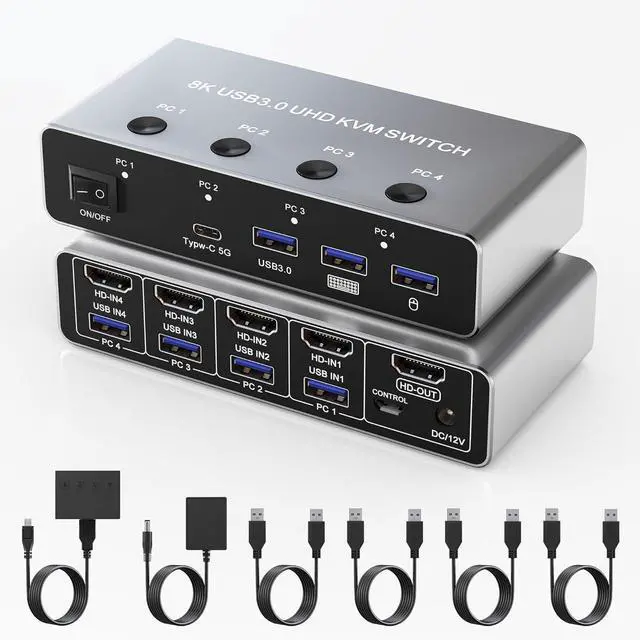 Main image of 8K@60Hz HDMI KVM Switch 4 in 1 Out, HDMI KVM Switcher for 4 Computers Share 1 Monitor, with 4 USB 3.0 Ports, Aluminum Housing, Support Keyboard, Mouse, Printer, with 4 USB Cables & Controller