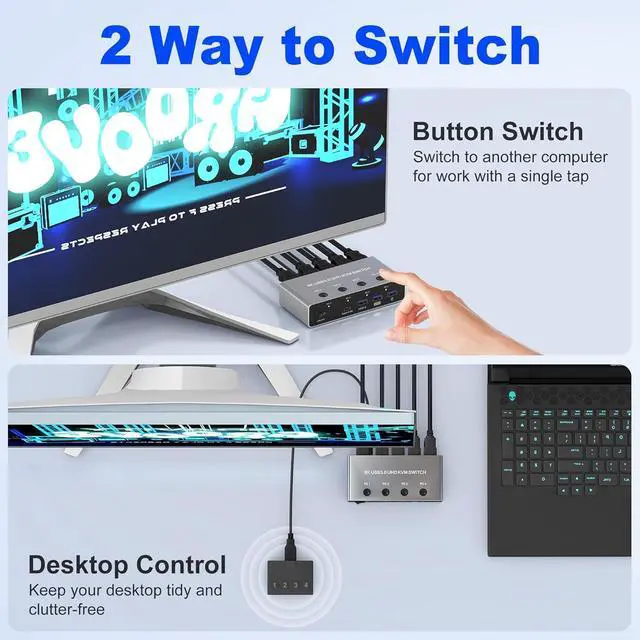 Alt view image 5 of 7 - 8K@60Hz HDMI KVM Switch 4 in 1 Out, HDMI KVM Switcher for 4 Computers Share 1 Monitor, with 4 USB 3.0 Ports, Aluminum Housing, Support Keyboard, Mouse, Printer, with 4 USB Cables & Controller