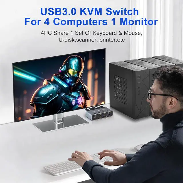 Alt view image 7 of 7 - 8K@60Hz HDMI KVM Switch 4 in 1 Out, HDMI KVM Switcher for 4 Computers Share 1 Monitor, with 4 USB 3.0 Ports, Aluminum Housing, Support Keyboard, Mouse, Printer, with 4 USB Cables & Controller