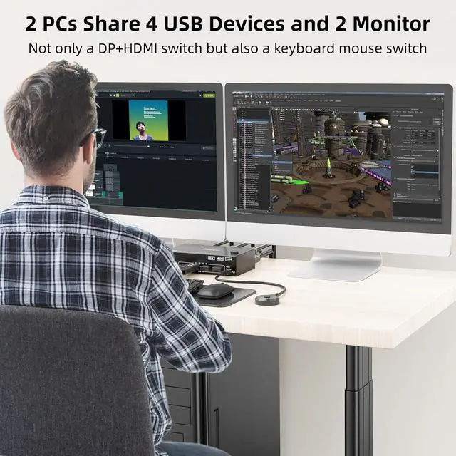 Alt view image 3 of 7 - KVM Switch for 2 PC 2 Monitors 8K@60Hz 4K @120Hz DisplayPort + HDMI Dual Monitor KVM Switch for 2 PC Share 2 Monitors and 4 USB 3.0 Devices, Wired Remote Control, 12V Power Supply & USB Cables