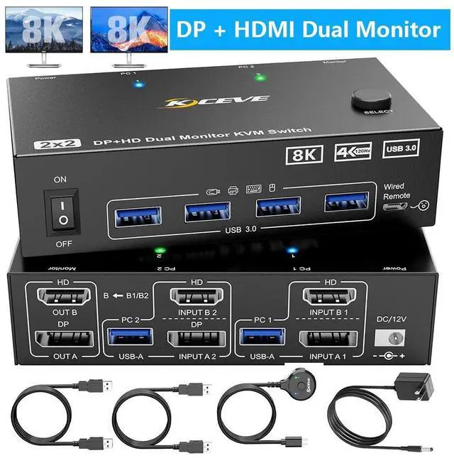 Main image of KVM Switch for 2 PC 2 Monitors 8K@60Hz 4K @120Hz DisplayPort + HDMI Dual Monitor KVM Switch for 2 PC Share 2 Monitors and 4 USB 3.0 Devices, Wired Remote Control, 12V Power Supply & USB Cables