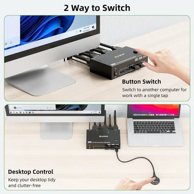 Alt view image 6 of 7 - KVM Switch for 2 PC 2 Monitors 8K@60Hz 4K @120Hz DisplayPort + HDMI Dual Monitor KVM Switch for 2 PC Share 2 Monitors and 4 USB 3.0 Devices, Wired Remote Control, 12V Power Supply & USB Cables