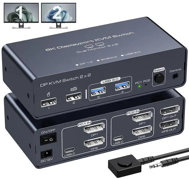 Main image of 2 Port Dual Monitor DisplayPort KVM Switch 2 in 2 Out, 8K60Hz 4K120Hz Displayport KVM Switch for 2 Monitors 2 Computers Shared 4 USB Device Support DP1.4 With USB3.0 to USB C Cable - Aluminium