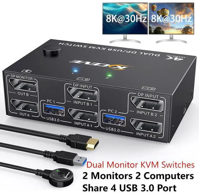 Main image of Displayport KVM Switch 2 Monitors 2 Computers 8K@30Hz 4K@144Hz, USB 3.0 Dual Monitor KVM Switches Displayport 1.4 2 in 2 Out with 4 USB 3.0 Port for USB Device,Wired Remote and 4 Cable Included