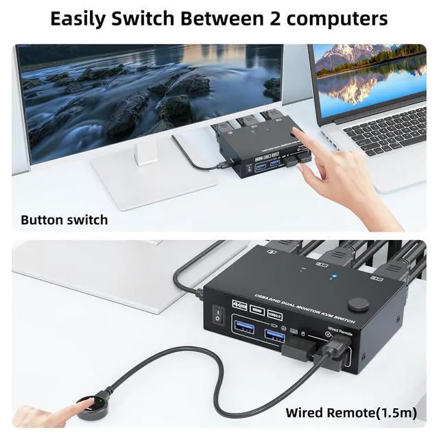 Alt view image 5 of 7 - Dual HDMI KVM Switch 2 Monitors 2 Computers 4K@60Hz 2K@144Hz, EDID Simulation, Dual Monitor KVM Switch with 4 USB 3.0 Port for Keyboard Mouse, 2 Monitors HDMI2.1 KVM Switches with Wired Remote