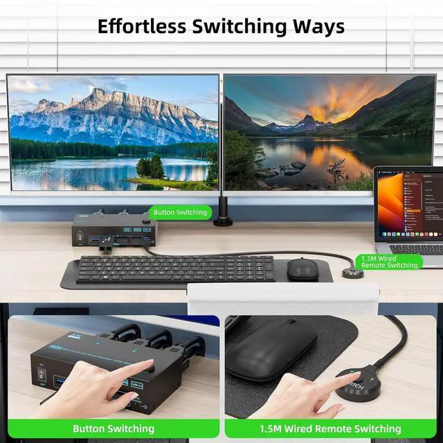 Alt view image 7 of 7 - 8K Displayport 1.4 + HDMI 2.1 Dual Monitor KVM Switch 2 Monitors 2 Computers, 2 in 2 Out 2 Ports HDMI + DP KVM Switches Support 8K@60Hz/4K@144Hz for 2 PCs Share 2 Screens and 4 USB 3.0 Devices