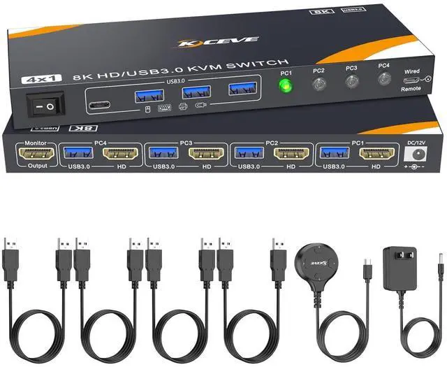 Main image of WRIARICH 4 Ports 8K HDMI KVM Switch 1 Monitor 4 Computers 8K@60Hz, 4K@144Hz USB 3.0 HDMI KVM Switch 4 in 1 Out for 4 Computer Share One Monitor and Keyboard Mouse, with Power Adapter and Wired Remote