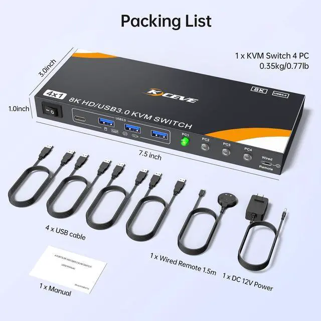 Alt view image 7 of 7 - WRIARICH 4 Ports 8K HDMI KVM Switch 1 Monitor 4 Computers 8K@60Hz, 4K@144Hz USB 3.0 HDMI KVM Switch 4 in 1 Out for 4 Computer Share One Monitor and Keyboard Mouse, with Power Adapter and Wired Remote