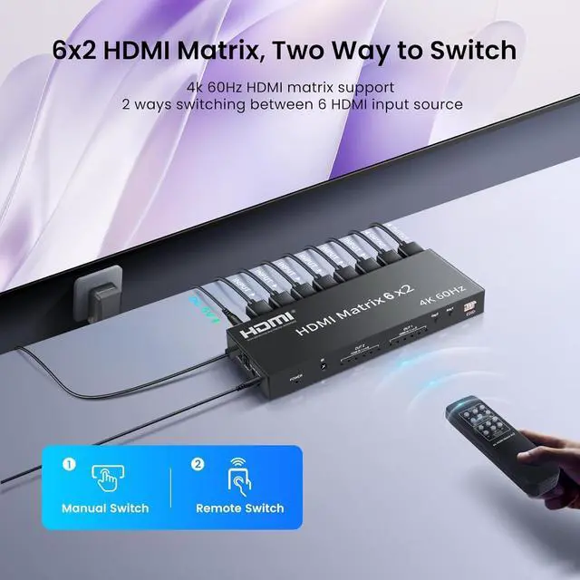 Alt view image 5 of 7 - HDMI Matrix Switch 6 in 2 Out, 4K@60Hz HDMI Switch with IR Remote, Optical & 3.5mm Audio Output, 6x2 HDMI Switcher with Audio Support HDMI 2.0, HDCP 2.2, 3D, Auto Downscal for PS5/4, Fire Stick
