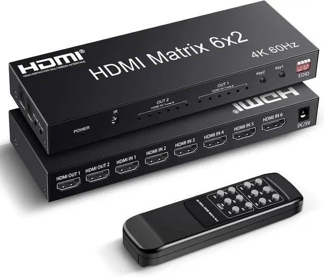 Main image of HDMI Matrix Switch 6 in 2 Out, 4K@60Hz HDMI Switch with IR Remote, Optical & 3.5mm Audio Output, 6x2 HDMI Switcher with Audio Support HDMI 2.0, HDCP 2.2, 3D, Auto Downscal for PS5/4, Fire Stick