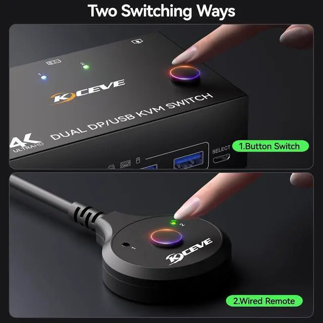 Alt view image 4 of 7 - WRIARICH Displayport KVM Switch 2 Monitors 2 Computers 8K@30Hz 4K@144Hz, USB 3.0 Dual Monitor DP KVM Switch for 2 Computers Share 2 Monitors and 4 USB Peripherals,with Wired Remote and 2 USB Cable