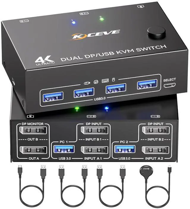 Main image of WRIARICH Displayport KVM Switch 2 Monitors 2 Computers 8K@30Hz 4K@144Hz, USB 3.0 Dual Monitor DP KVM Switch for 2 Computers Share 2 Monitors and 4 USB Peripherals,with Wired Remote and 2 USB Cable