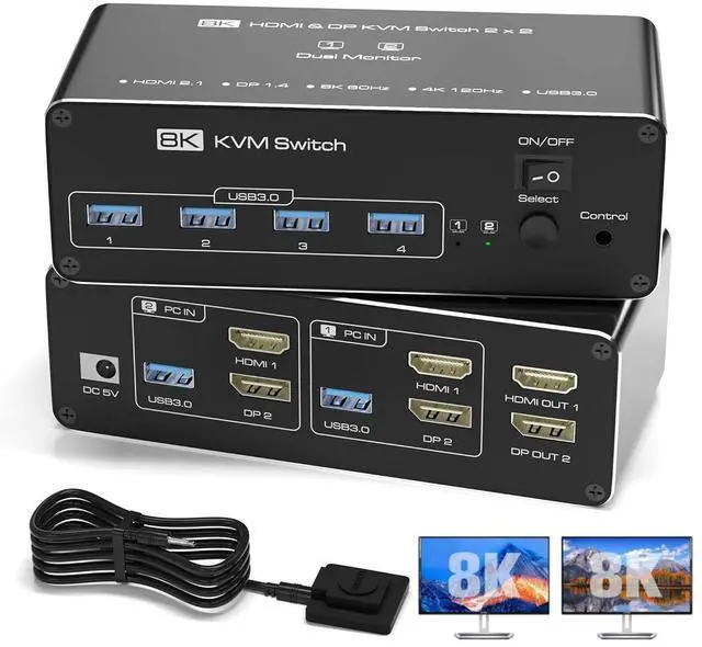 Main image of KVM Switch 2 Monitors 2 Computers, 8K HDMI + Displayport Dual Monitor KVM Switch for 2 PC Share 2 Monitors and 4 USB Devices, Support Extended/Copy Mode, with 2 USB Cables & Desktop Controller
