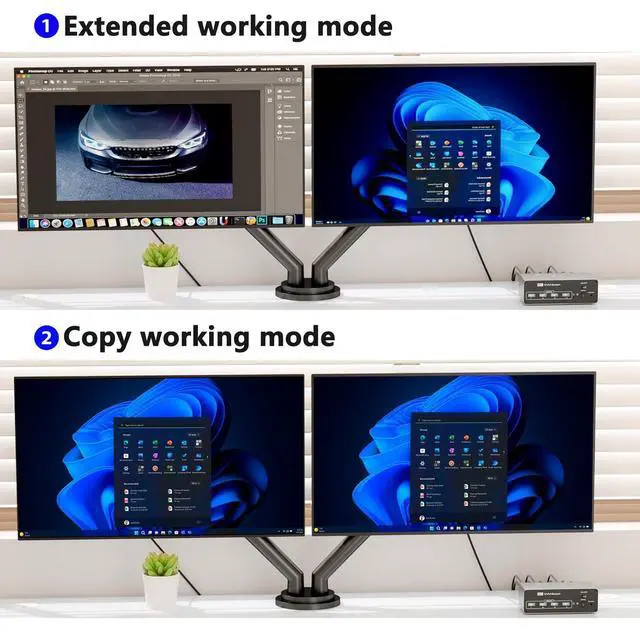 Alt view image 5 of 7 - KVM Switch 2 Monitors 2 Computers, 8K HDMI + Displayport Dual Monitor KVM Switch for 2 PC Share 2 Monitors and 4 USB Devices, Support Extended/Copy Mode, with 2 USB Cables & Desktop Controller