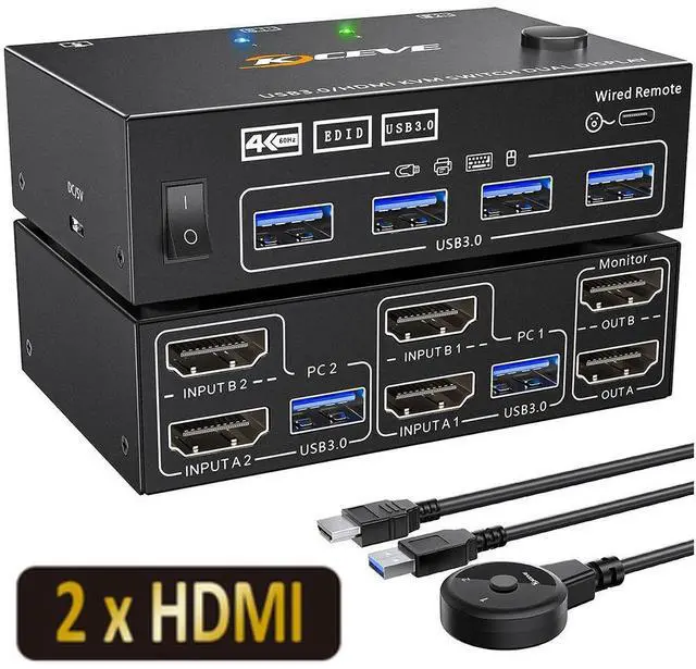 Main image of HDMI KVM Switch 2 Computer 2 Monitors, HDMI USB 3.0 KVM Switch Dual Monitors with EDID Function, Supports 4K @60Hz for 2 Computers Share 2 Monitors and 4 USB 3.0 Ports,Wired Remote and Cables Included