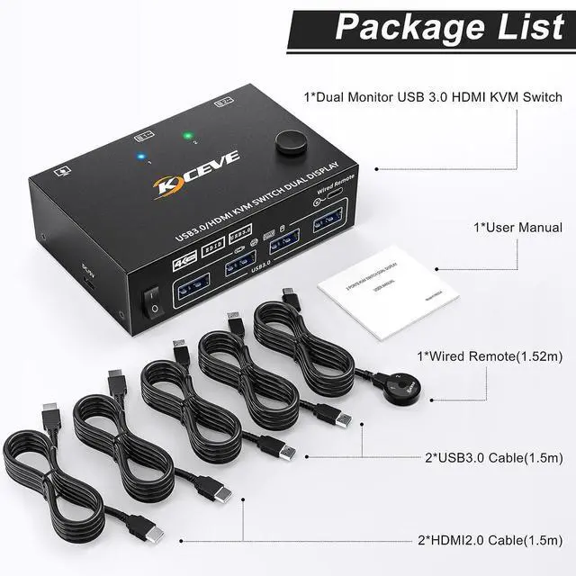 Alt view image 7 of 7 - HDMI KVM Switch 2 Computer 2 Monitors, HDMI USB 3.0 KVM Switch Dual Monitors with EDID Function, Supports 4K @60Hz for 2 Computers Share 2 Monitors and 4 USB 3.0 Ports,Wired Remote and Cables Included