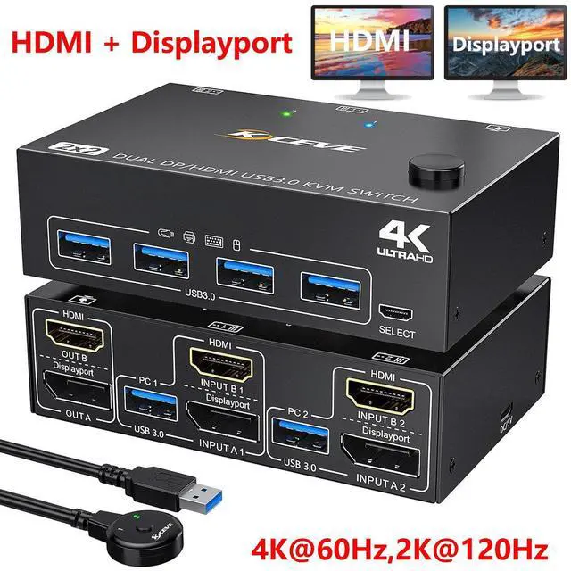 Main image of HDMI + Displayport KVM Switch 2 Computer 2 Monitors, Dual Monitors HDMI DP KVM Switcher Supports 4K@60Hz for 2 Computers Share Keyboard, Mouse and 2 Monitors, with USB 3.0 Cables & Wired Remote