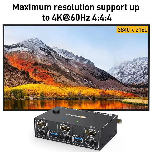 Alt view image 5 of 7 - HDMI + Displayport KVM Switch 2 Computer 2 Monitors, Dual Monitors HDMI DP KVM Switcher Supports 4K@60Hz for 2 Computers Share Keyboard, Mouse and 2 Monitors, with USB 3.0 Cables & Wired Remote