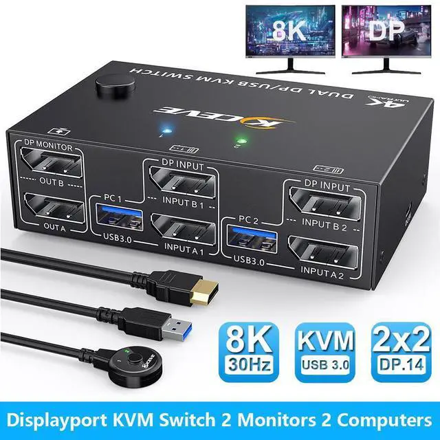 Main image of 2 Port Displayport KVM Switch for 2 Monitors 2 Computers 8K@30Hz 4K@144Hz, USB 3.0 Dual Monitor KVM Switches Displayport 1.4 with 4 USB 3.0 Port for USB Device,Wired Remote and 4 Cable Included